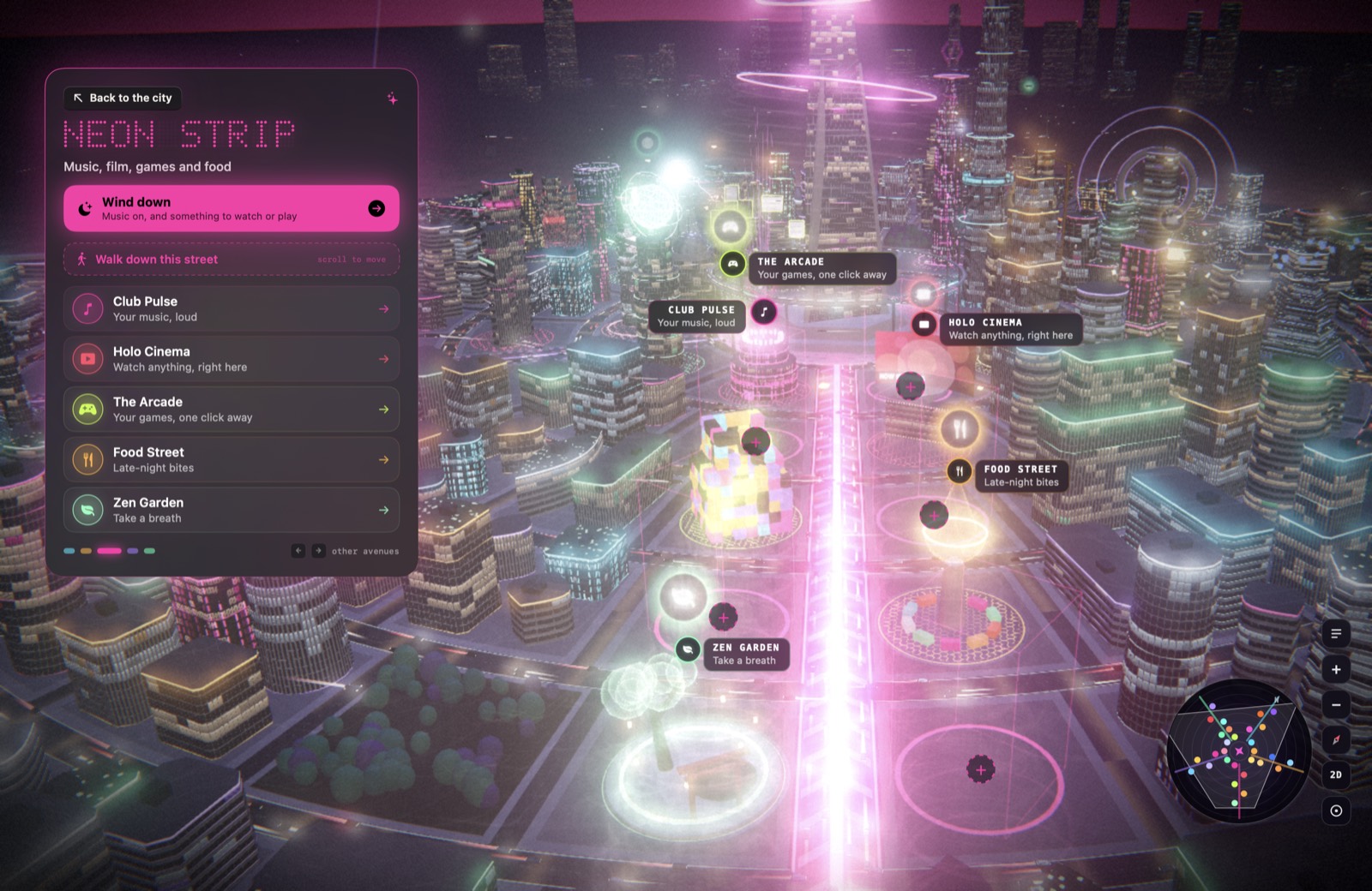 Looking down Neon Strip from above, with a panel listing every place on it and a Wind down button
