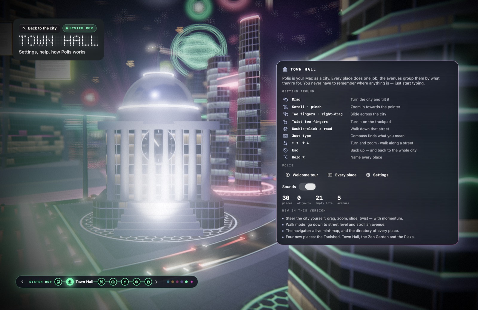 Town Hall: a domed civic building with a panel explaining how to get around the city