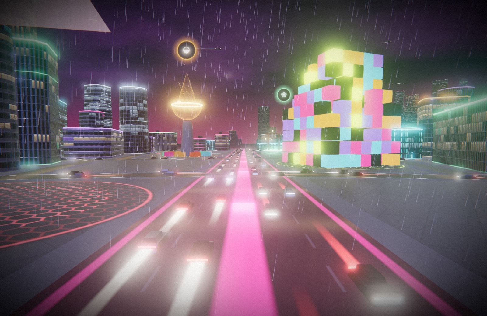 Street level on Neon Strip in the rain: traffic streaks down a pink-lit boulevard past the Arcade's glowing cubes